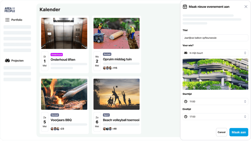 Kalender instellingen op het dashboard van Area of People